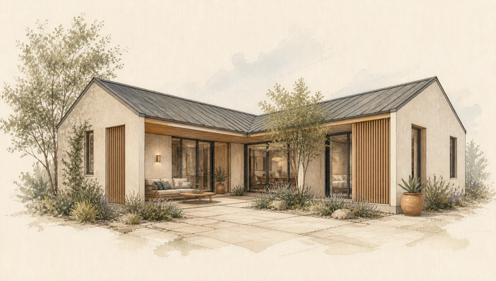 Architectural artwork of a courtyard ADU design idea