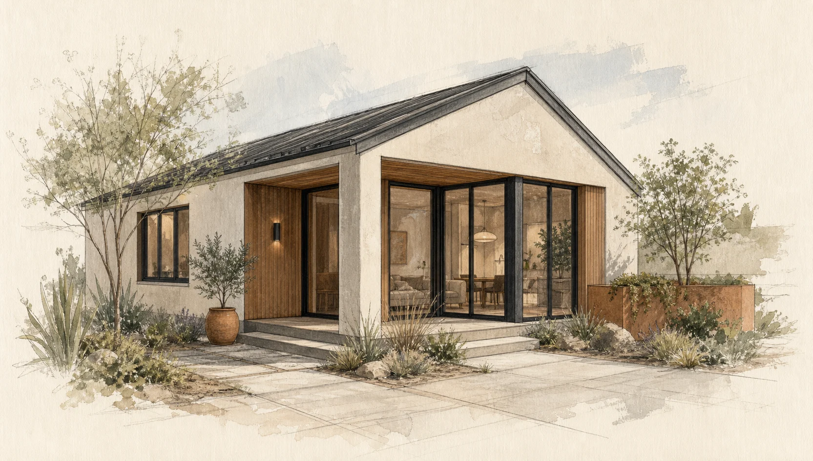 Architectural artwork of a garden-oriented ADU design idea