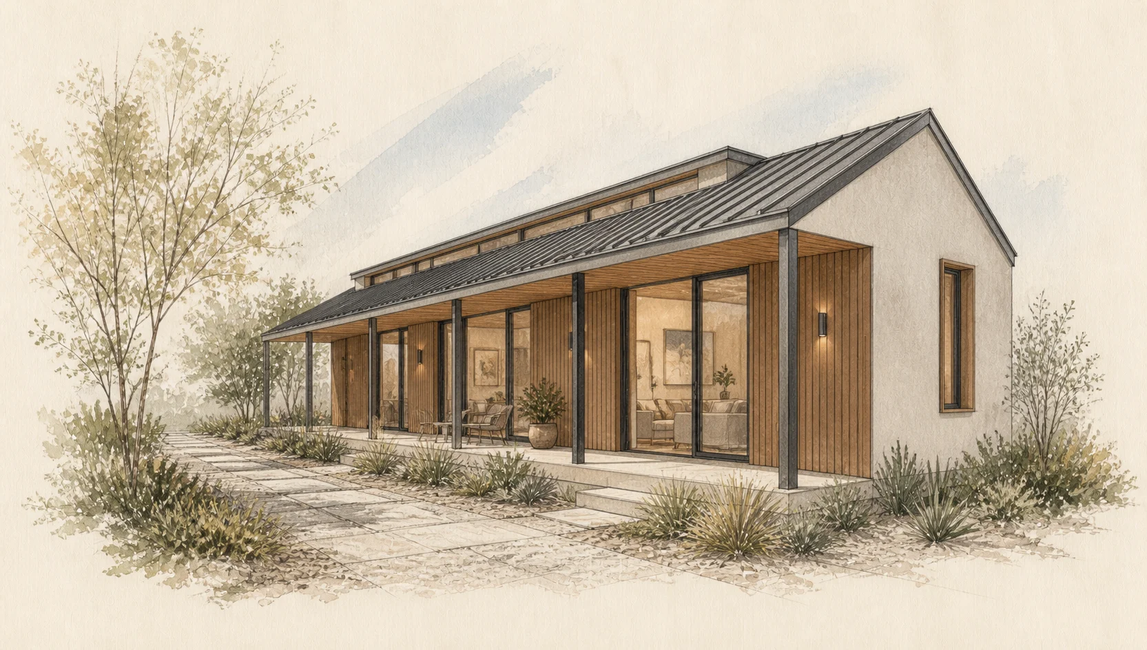 Architectural artwork of a linear accessory dwelling unit beside a landscaped garden edge